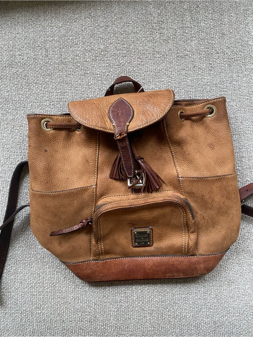 Vintage Dooney & Bourke Tan and Dark Brown Leather Backpack - Picture 1 of 7